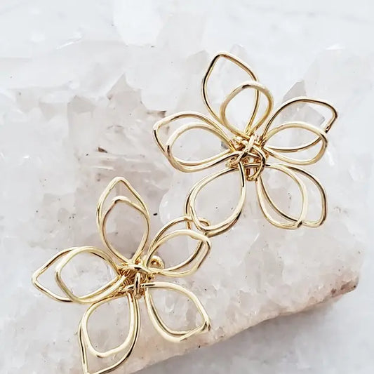 Gold Wire-Wrapped Lotus Stud Earrings