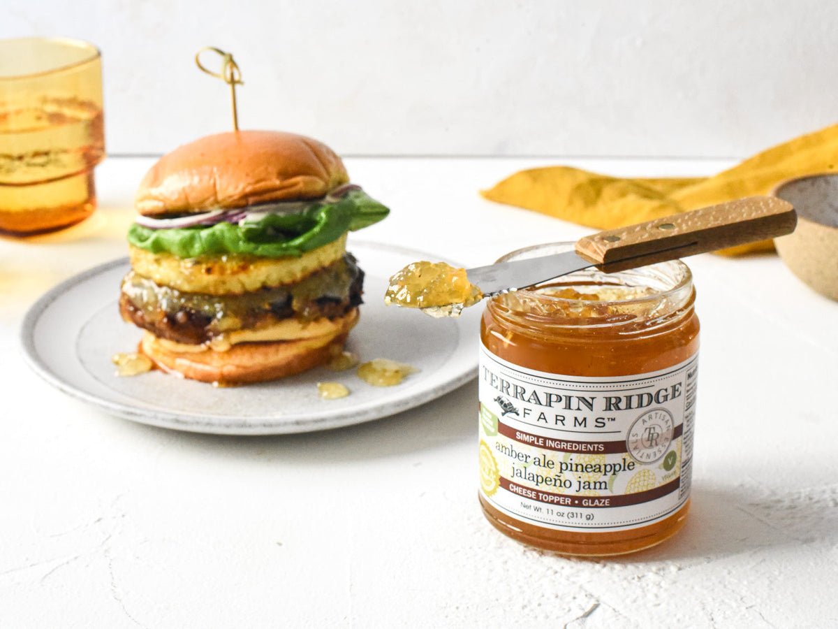 Amber Ale Pineapple Jalapeno Jam, shown in a styled setting