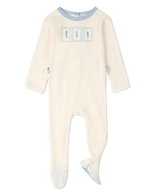 Baby Boy "Framed Foliage" Ribbed Cotton-Blend Embroidered Footie
