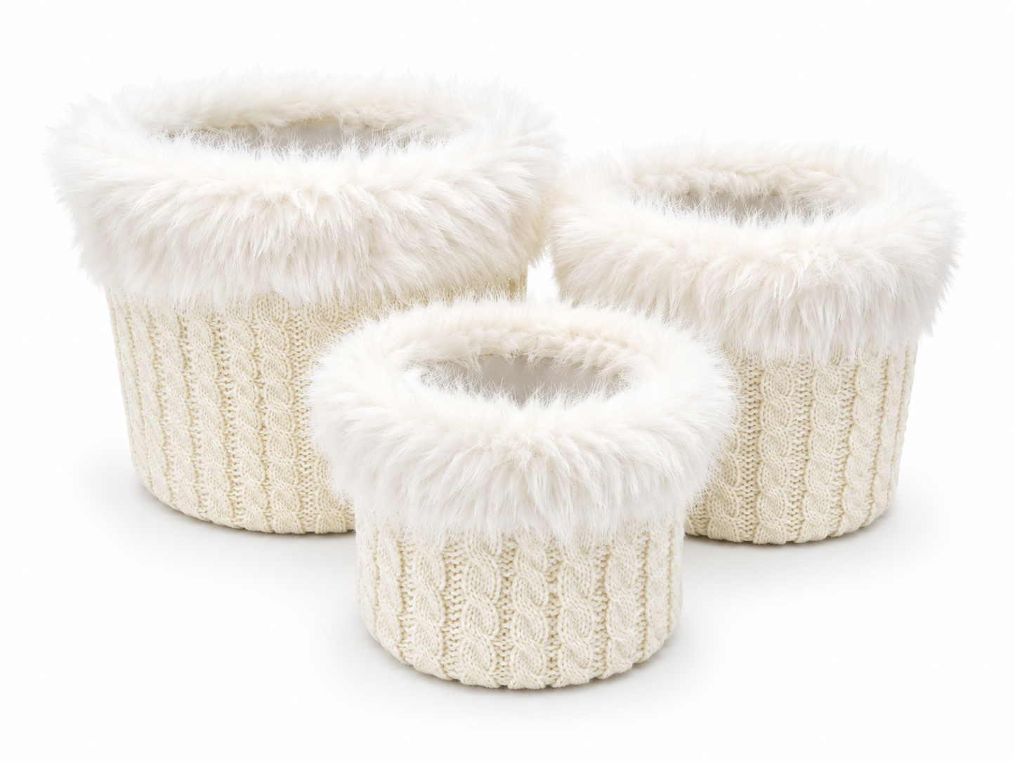 Vegan Fur Trimmed White Knit Nesting Baskets w/Liners-Set of 3