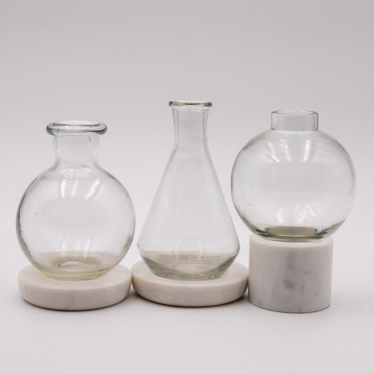 Clear Glass Vases on White Marble Base-Set of 3
