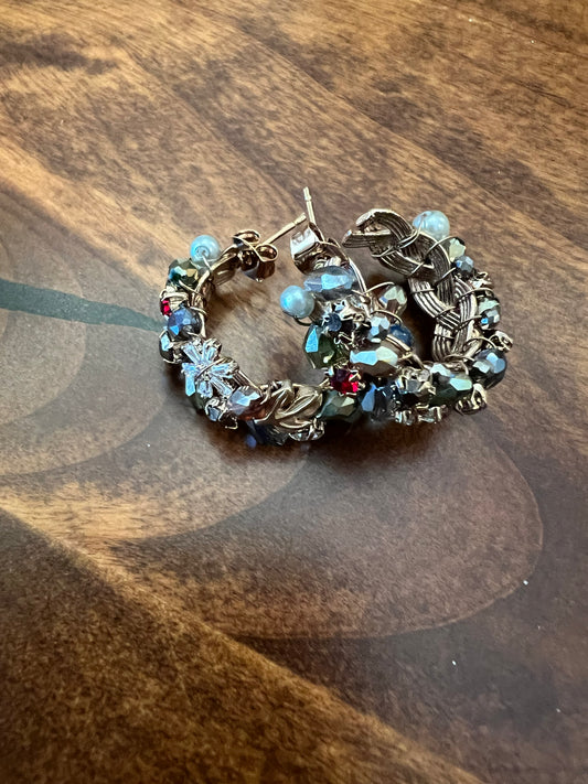 Pewter, Old Gold and Ruby Hoop Earrings