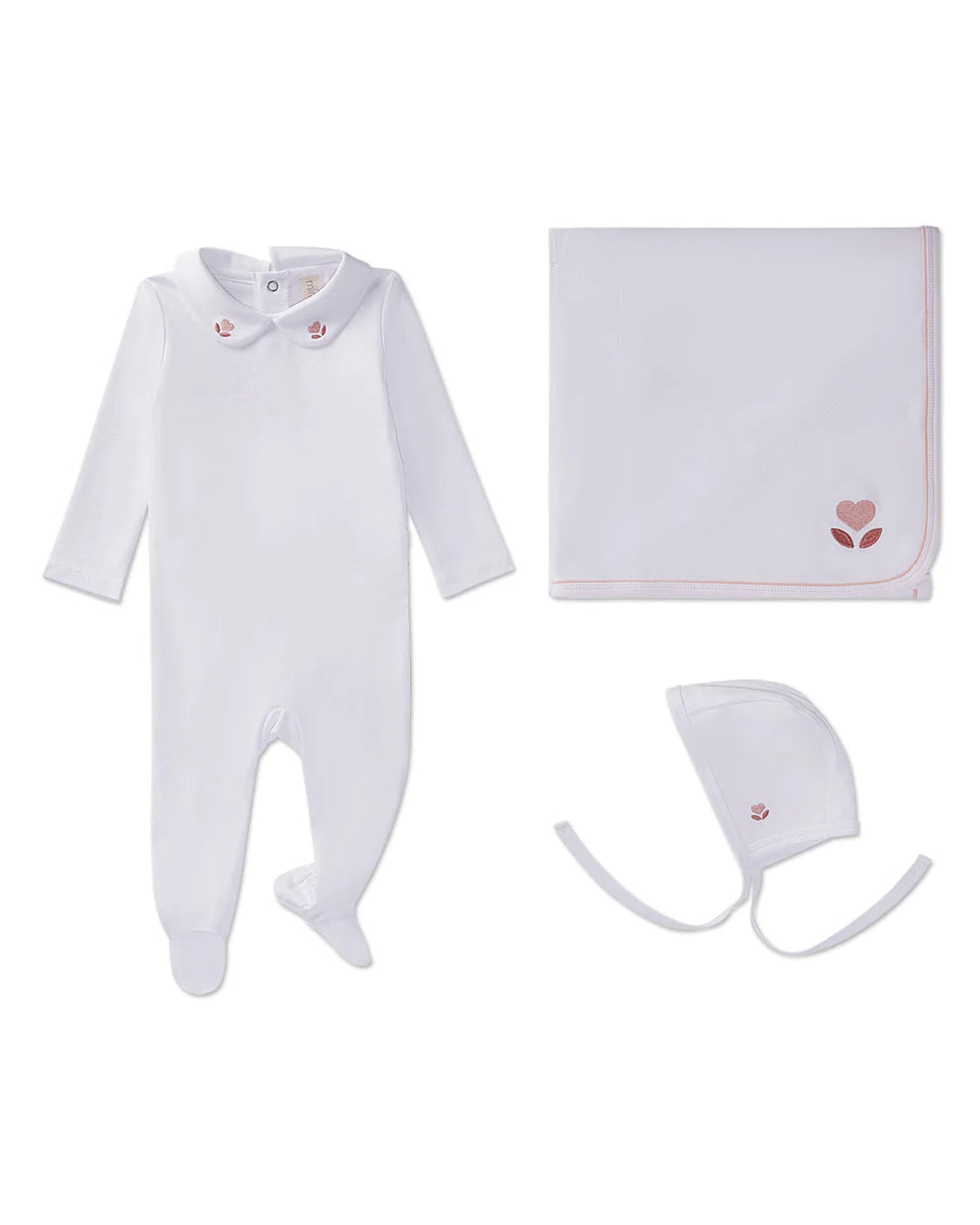 3 Piece Baby Girls Footie Set with Peter Pan Collar and Embroidered Hearts