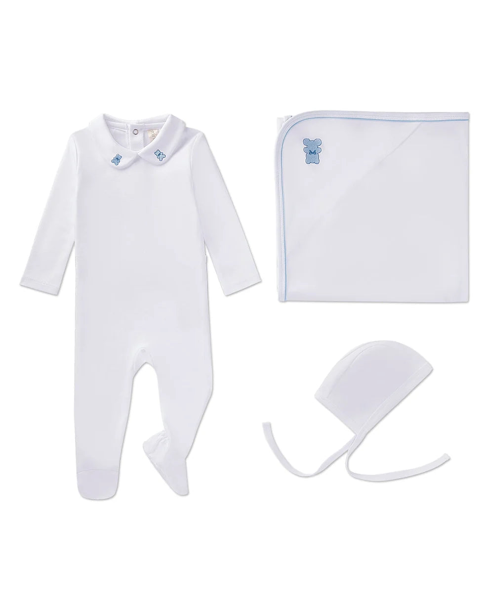 3 Piece Baby Boys Footie Set with Peter Pan Collar and Teddy Bear Embroidery