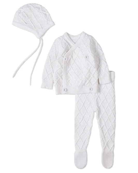 3 Piece Baby Unisex "Simply Sweet" White 100% Cotton Knit Cardigan Set