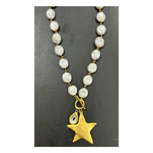 17" Mother of Pearl Necklace with Antique Gold Toggle, Soldered Crystal and Star Pendant