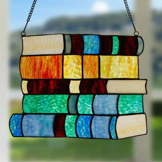 Multi-Color Stack of Books Glass Window Panel-12'x13"