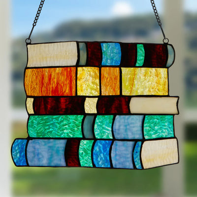 Multi-Color Stack of Books Glass Window Panel-12'x13