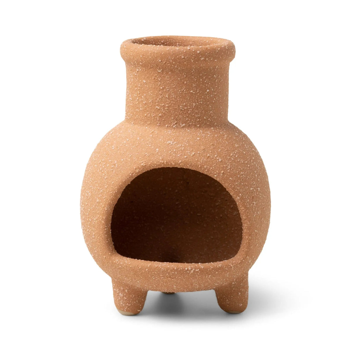 Palo Santo & Sage Chiminea Incense Holder, A terracotta ceramic chiminea shaped incense holder standing next to its kraft packaging box labeled Palo Santo and Sage.