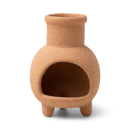 Palo Santo & Sage Chiminea Incense Holder, A terracotta ceramic chiminea shaped incense holder standing next to its kraft packaging box labeled Palo Santo and Sage.