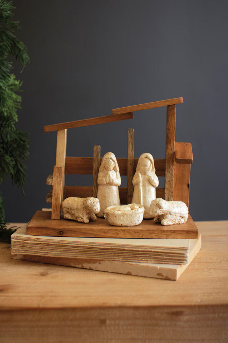 Wooden Nativity with Paper Mache Figures