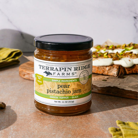 Pear Pistachio Jam, shown in a styled setting
