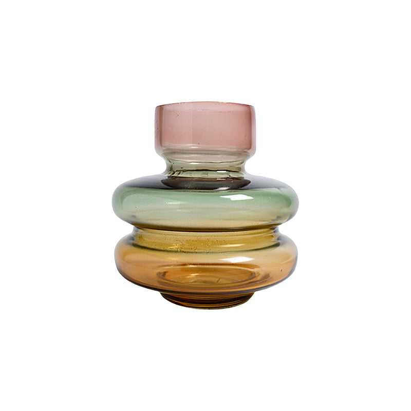 Scabiosa Tiered Glass Vase, A tiered glass vase with a pink neck, a rounded green middle band, and a wider amber base, on a white background.