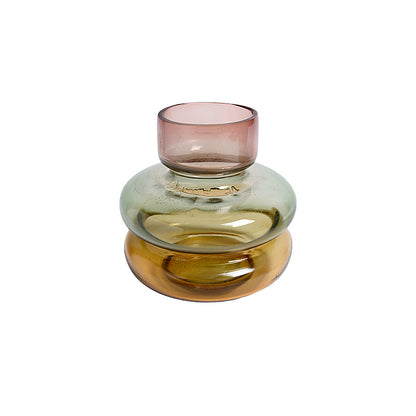Scabiosa Tiered Glass Vase, A tiered glass vase with a pink neck, a rounded green middle band, and a wider amber base, on a white background.