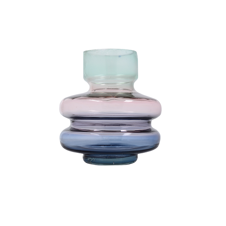 Wisteria Tiered Glass Vase, A tiered glass vase with an aqua neck, a soft lavender middle band, and a deeper blue base, on a white background.