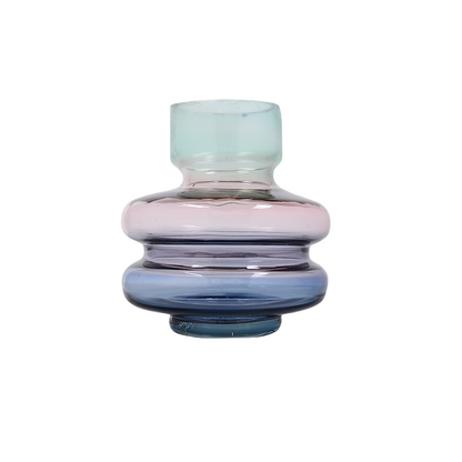 Wisteria Tiered Glass Vase, A tiered glass vase with an aqua neck, a soft lavender middle band, and a deeper blue base, on a white background.