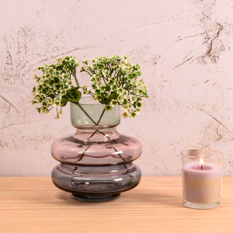 Wisteria Tiered Glass Vase, A tiered glass vase with an aqua neck, a soft lavender middle band, and a deeper blue base, on a white background.