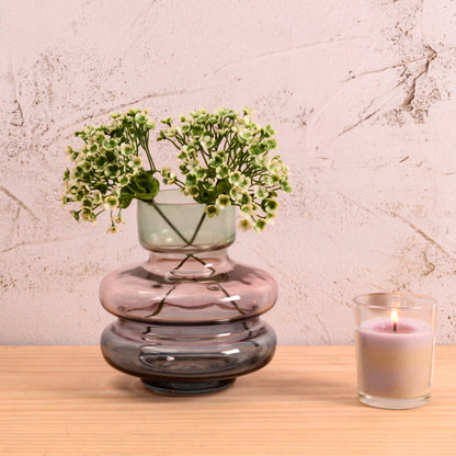 Wisteria Tiered Glass Vase, A tiered glass vase with an aqua neck, a soft lavender middle band, and a deeper blue base, on a white background.