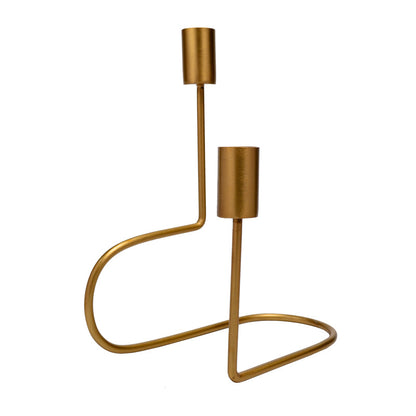 Lily Double Taper Candle Holder, A gold metal double candle holder with a looping wire base and two candle cups at different heights, shown empty against a white background.