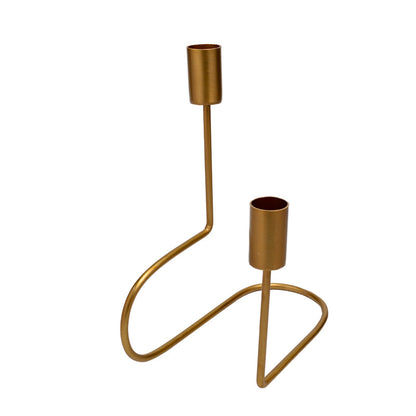 Lily Double Taper Candle Holder, A gold metal double candle holder with a looping wire base and two candle cups at different heights, shown empty against a white background.