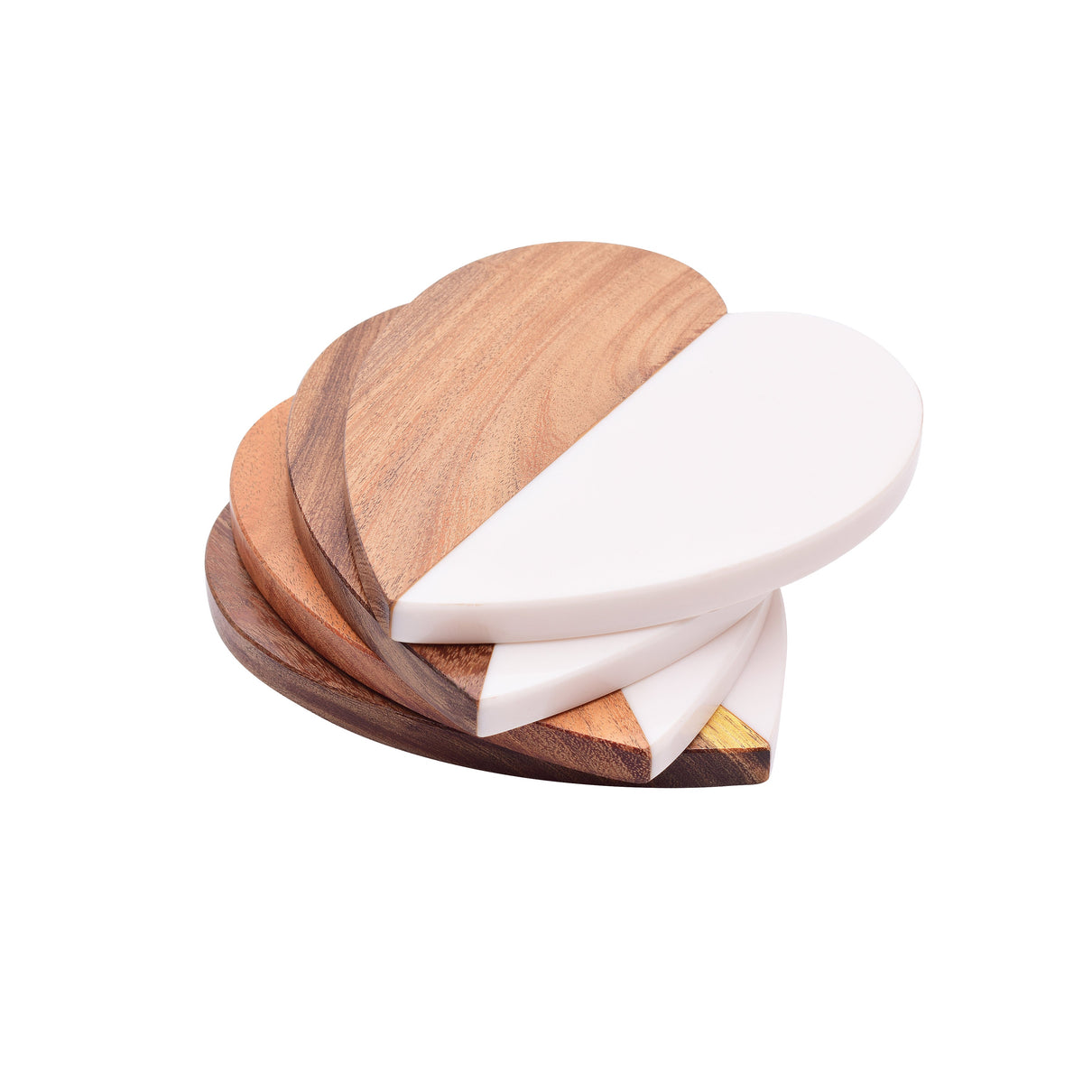 Zara Heart Coaster, A heart-shaped coaster, half natural wood and half white resin, stood upright to show the wood-and-resin split.