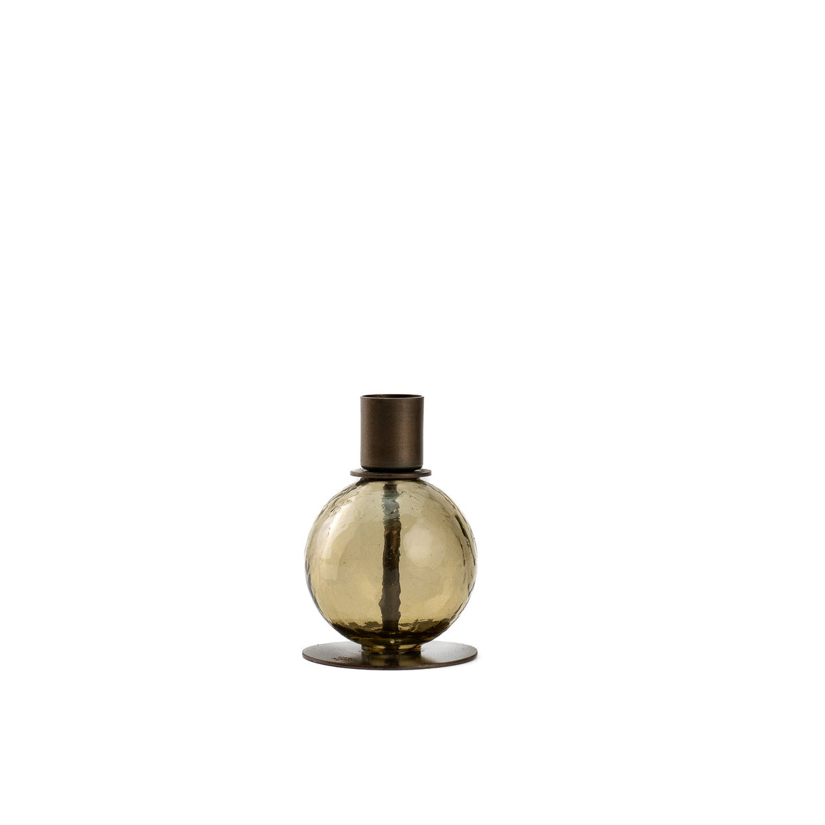 Kefi Olive Glass Round Candle Holder, A round olive glass candle holder with a textured, faceted surface and a dark bronze metal taper cup on top, set on a flat round base, shown alone.