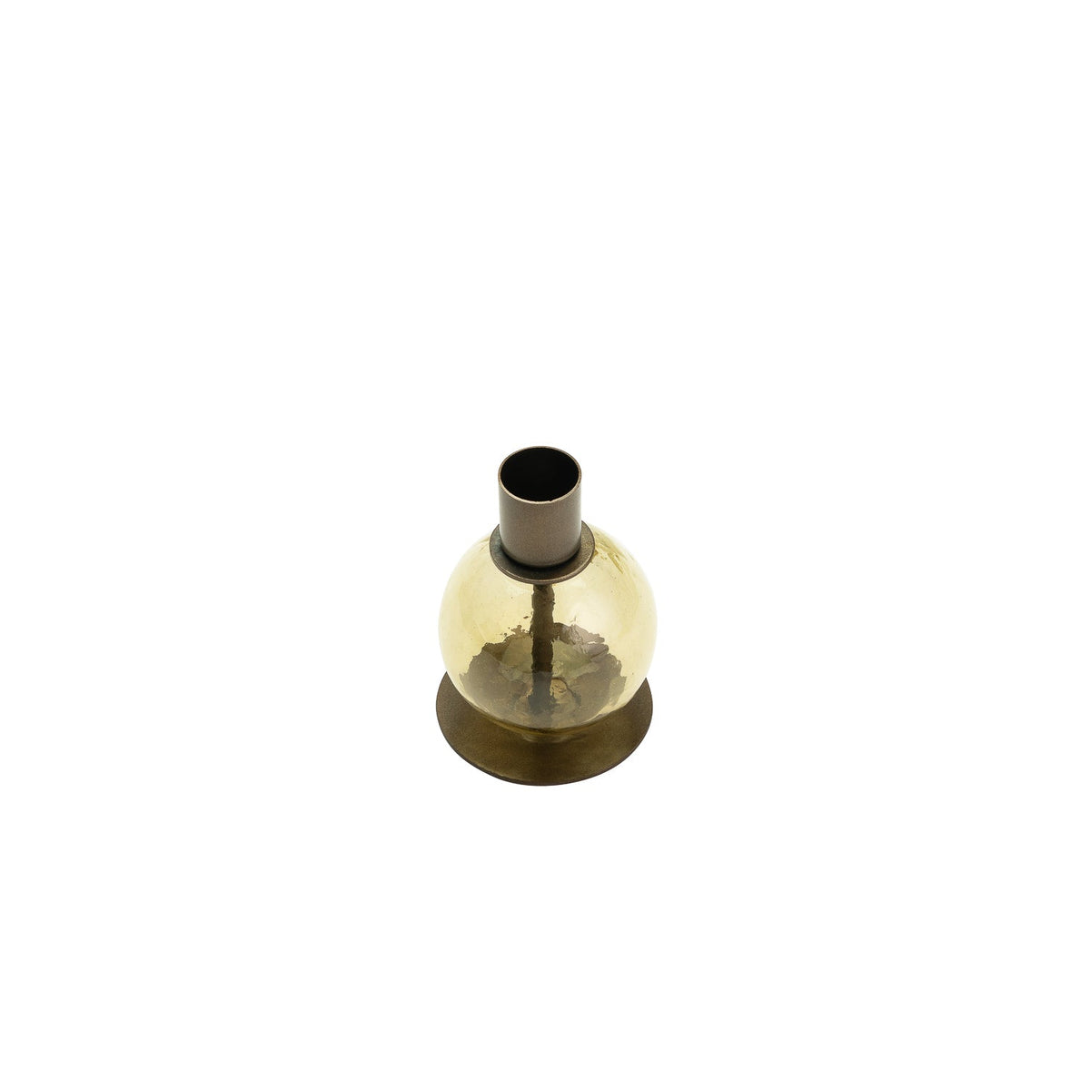 Kefi Olive Glass Round Candle Holder, A round olive glass candle holder with a textured, faceted surface and a dark bronze metal taper cup on top, set on a flat round base, shown alone.