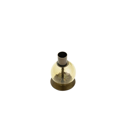 Kefi Olive Glass Round Candle Holder, A round olive glass candle holder with a textured, faceted surface and a dark bronze metal taper cup on top, set on a flat round base, shown alone.