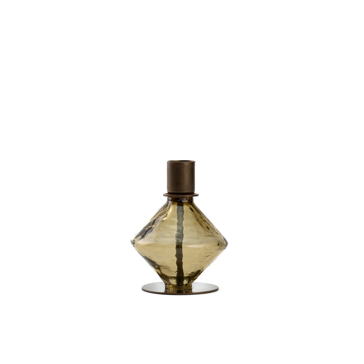 Kefi Olive Glass Diamond Candle Holder, A faceted, diamond-shaped olive glass candle holder with a dark bronze metal taper cup on top, set on a flat round base, shown alone.