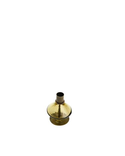 Kefi Olive Glass Diamond Candle Holder, A faceted, diamond-shaped olive glass candle holder with a dark bronze metal taper cup on top, set on a flat round base, shown alone.