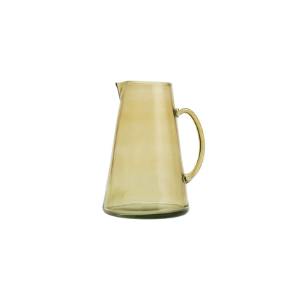 Sansa Olive Glass Jug, An olive recycled glass pitcher with a tapered body, a pinched spout, and a looped handle, on a white background.