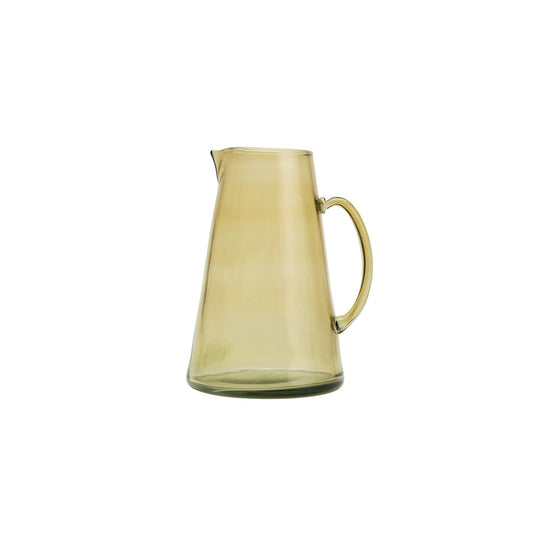 Sansa Olive Glass Jug, An olive recycled glass pitcher with a tapered body, a pinched spout, and a looped handle, on a white background.