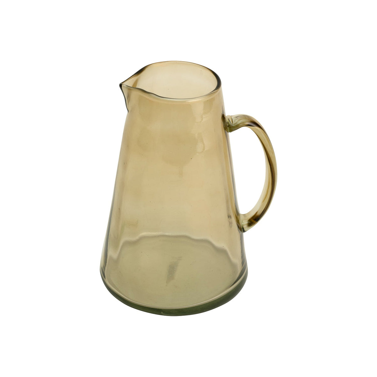 Sansa Olive Glass Jug, An olive recycled glass pitcher with a tapered body, a pinched spout, and a looped handle, on a white background.
