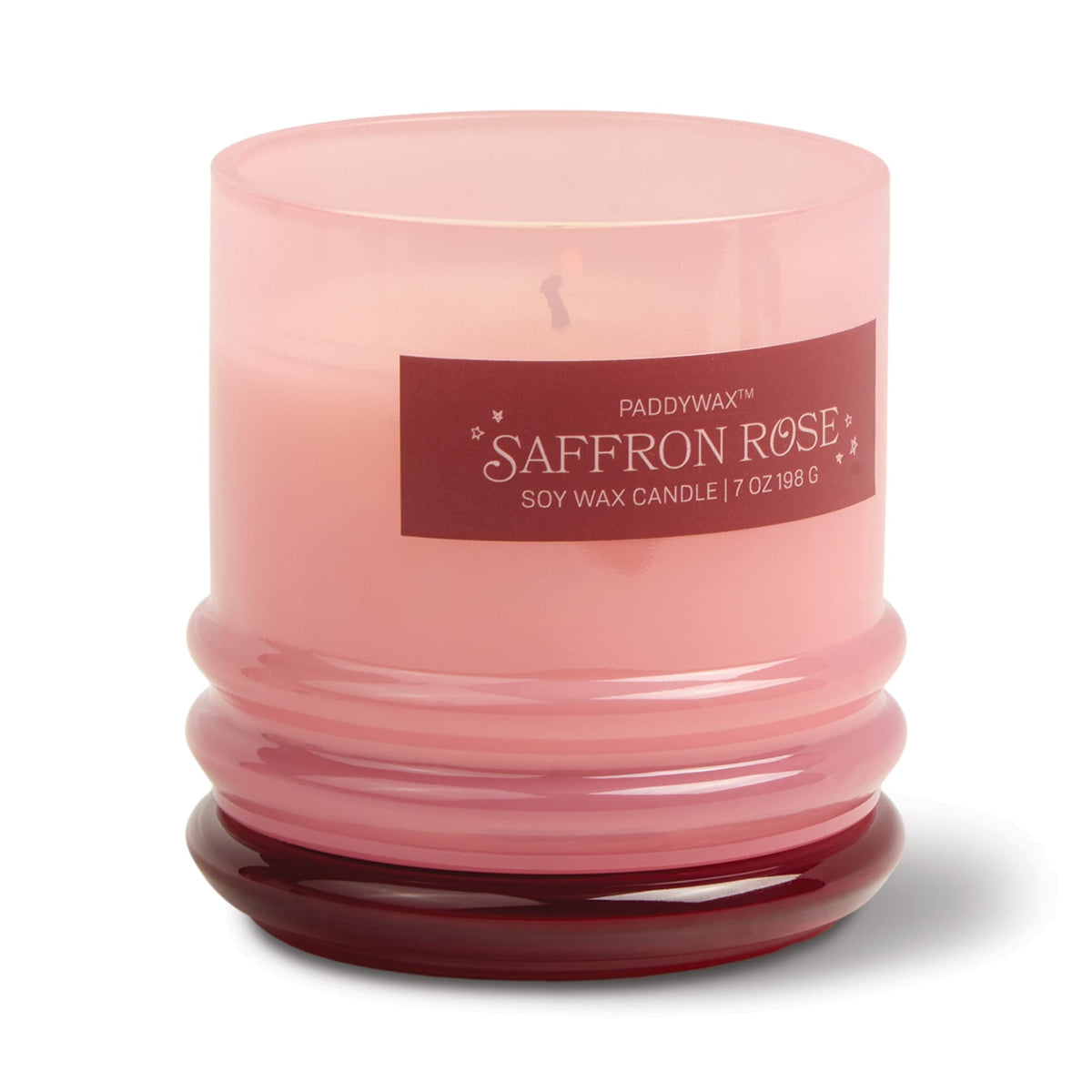 Stack 7 oz Candle, A blush pink glass candle with a maroon stacking lid, labeled Saffron Rose Soy Wax Candle, 7 oz.