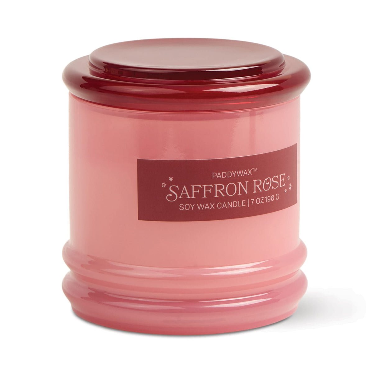 Stack 7 oz Candle, A blush pink glass candle with a maroon stacking lid, labeled Saffron Rose Soy Wax Candle, 7 oz.