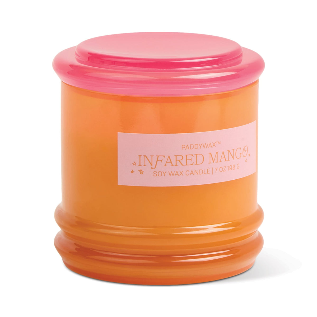 Stack 7 oz Candle, A blush pink glass candle with a maroon stacking lid, labeled Saffron Rose Soy Wax Candle, 7 oz.