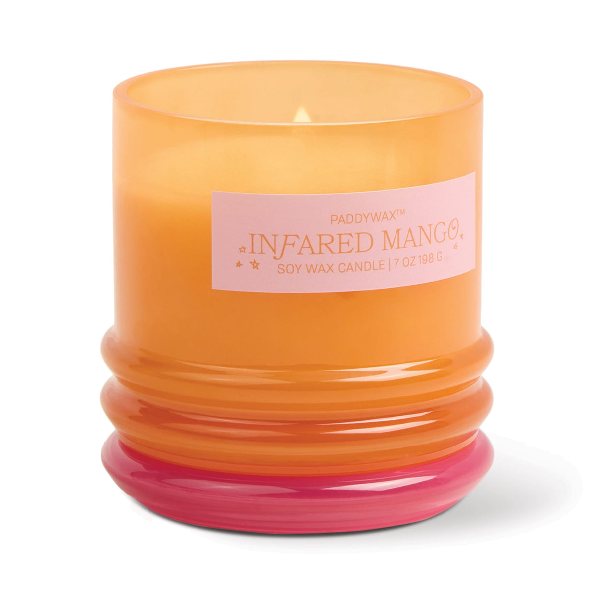 Stack 7 oz Candle, A blush pink glass candle with a maroon stacking lid, labeled Saffron Rose Soy Wax Candle, 7 oz.