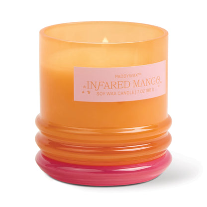 Stack 7 oz Candle, A blush pink glass candle with a maroon stacking lid, labeled Saffron Rose Soy Wax Candle, 7 oz.