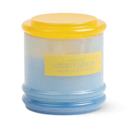 Stack 7 oz Candle, A blush pink glass candle with a maroon stacking lid, labeled Saffron Rose Soy Wax Candle, 7 oz.