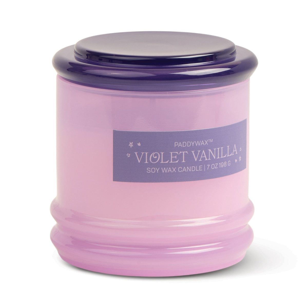 Stack 7 oz Candle, A blush pink glass candle with a maroon stacking lid, labeled Saffron Rose Soy Wax Candle, 7 oz.