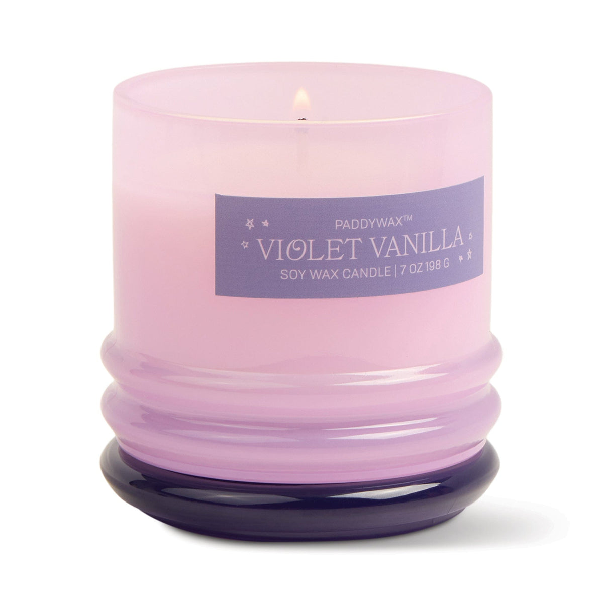 Stack 7 oz Candle, A blush pink glass candle with a maroon stacking lid, labeled Saffron Rose Soy Wax Candle, 7 oz.