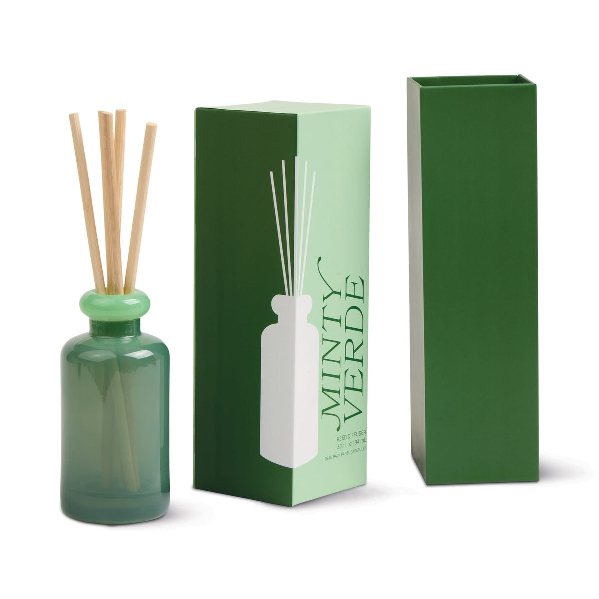 Stack 3.2 oz Diffuser, A maroon glass reed diffuser bottle with pink topped reeds standing next to its packaging box labeled Saffron Rose.
