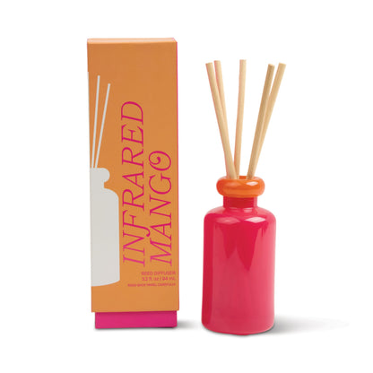 Stack 3.2 oz Diffuser, A maroon glass reed diffuser bottle with pink topped reeds standing next to its packaging box labeled Saffron Rose.