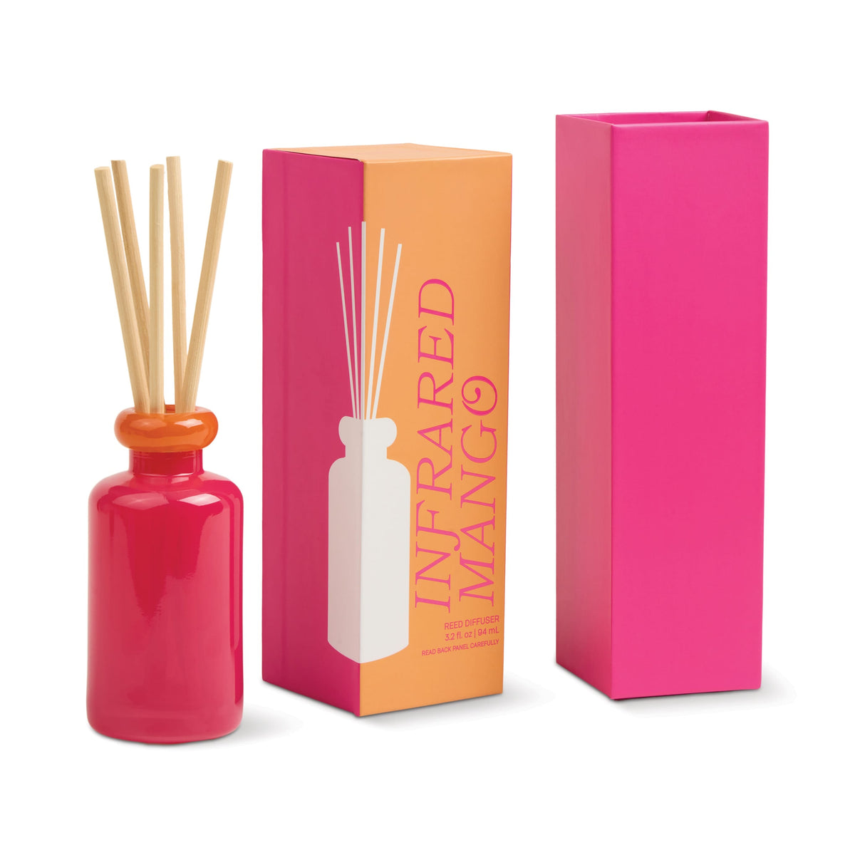 Stack 3.2 oz Diffuser, A maroon glass reed diffuser bottle with pink topped reeds standing next to its packaging box labeled Saffron Rose.