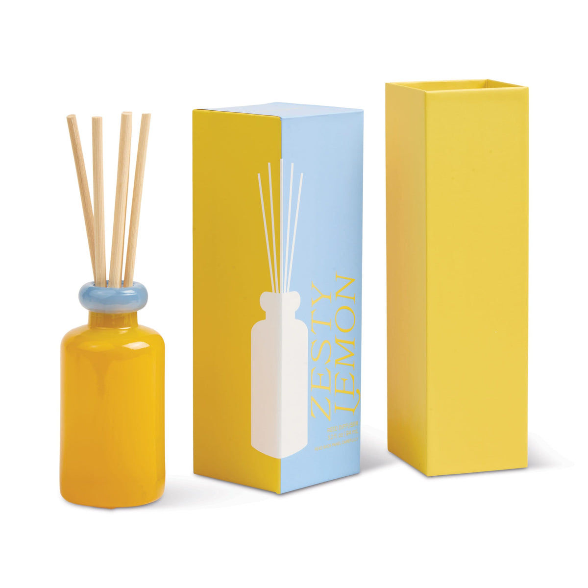 Stack 3.2 oz Diffuser, A maroon glass reed diffuser bottle with pink topped reeds standing next to its packaging box labeled Saffron Rose.
