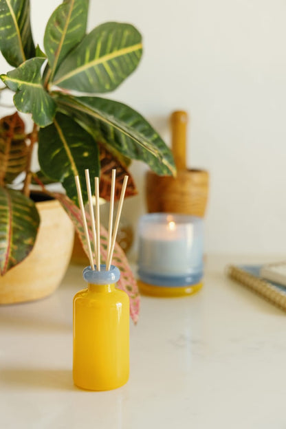 Stack 3.2 oz Diffuser, A maroon glass reed diffuser bottle with pink topped reeds standing next to its packaging box labeled Saffron Rose.