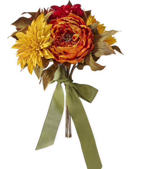 16 Inch Fall Peony Dahlia and Sunflower Bundle with Green Satin Ribbon
