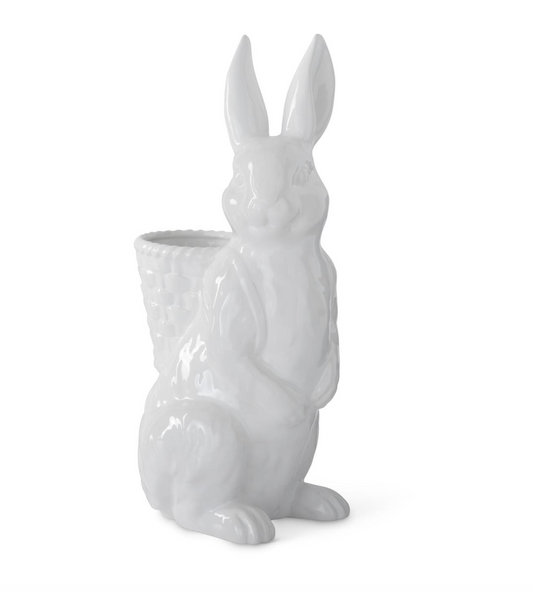 Conejito de Pascua de cerámica blanca esmaltada de 16 pulgadas con mochila