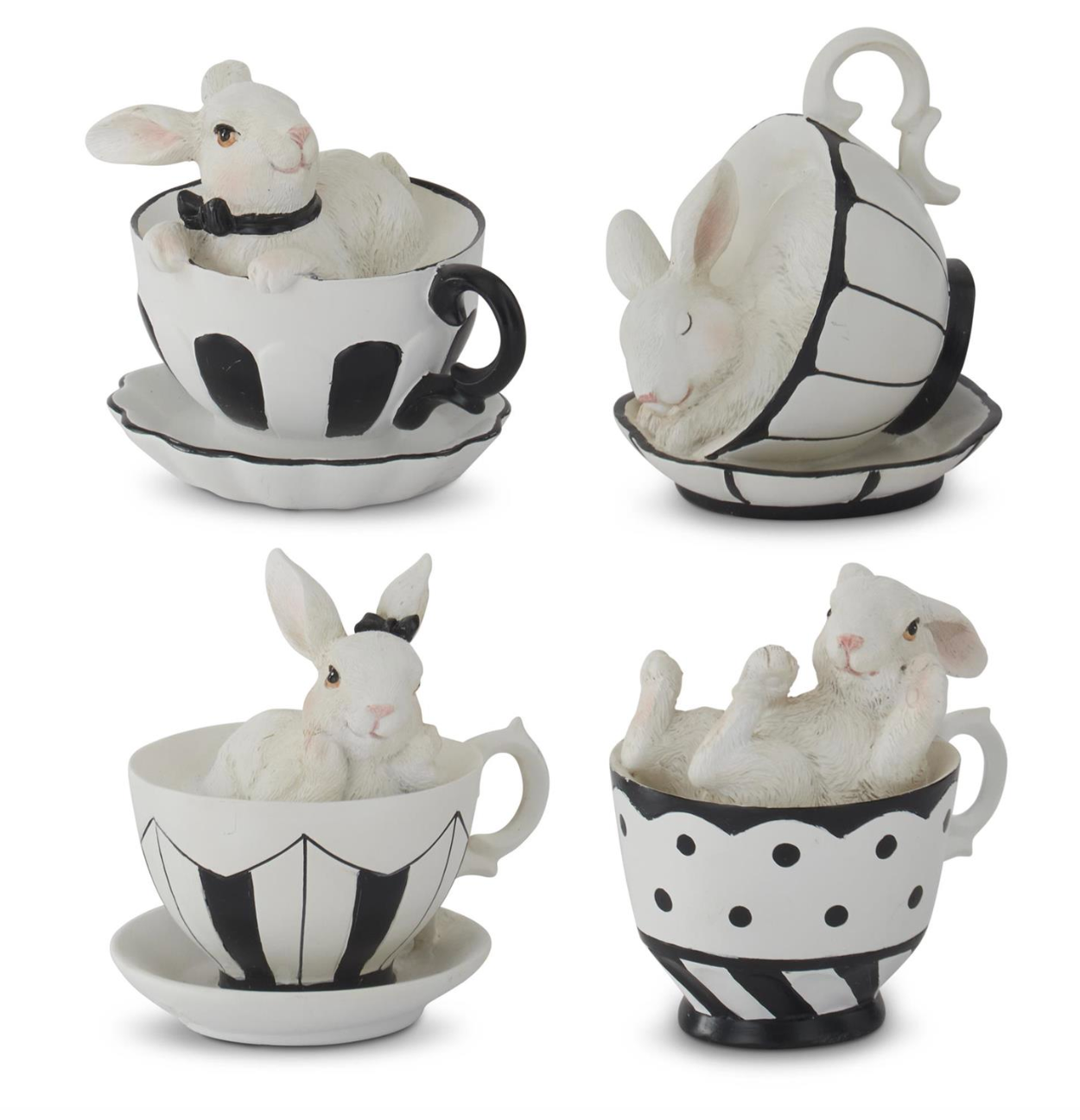 Assorted 3.5 Inch White Resin Bunnies in Black & White Teacups (4 Styles)
