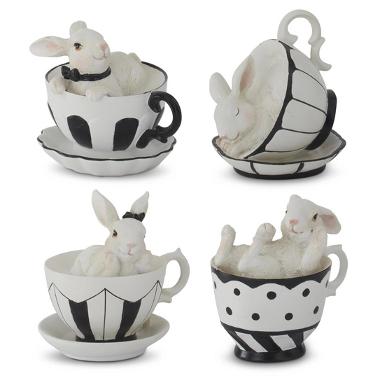 Surtido de conejitos de resina blanca de 8,9 cm (3,5 pulgadas) en tazas de té blancas y negras (4 estilos)